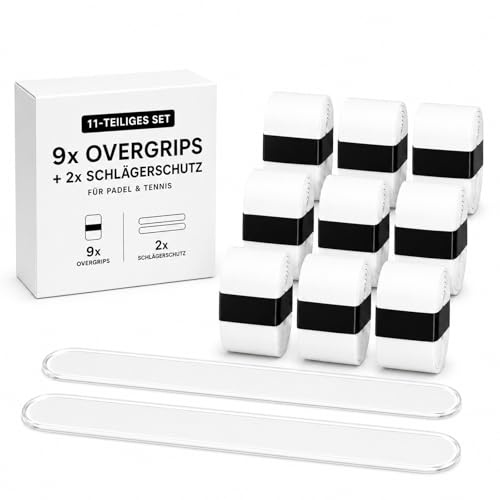 Eruaolytic Padel Griffband Overgrip Set 11-TLG. für Padelschläger | 9 weiße Overgrips + 2 transparente Schlägerschutzbänder für Padel- & Tennisschläger, extra griffig & rutschfest