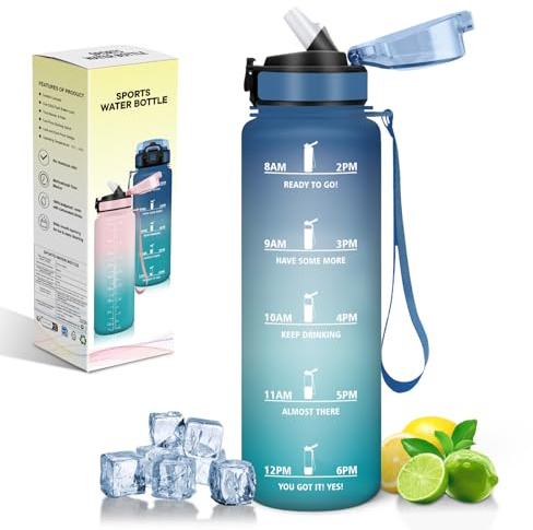 Motswedi Borraccia 1 Litro, con Cannuccia, Bottiglia Sportiva, Motivazionale, Borraccia Palestra, a Prova di Perdite, Bottiglia d'acqua, per Sport, Palestra, Ciclismo, Blu & Verde