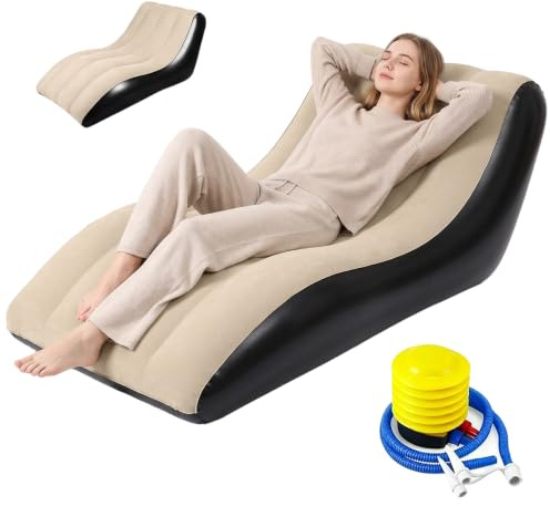 Uppblåsbar soffa med fotpall, uppblåsbar fåtölj, luftsoffa, uppblåsbar soffa för camping, med luftpump, bärbar flockad soffyta för inomhus/utomhus, camping, resor, strand (kaki)