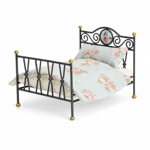 Milageto Puppenbett aus Metall Vintage Puppenbett Miniatur Puppenmöbel für Sammler, Schwarz, Retro Eisenbett Mit Blauem Hintergrund Und Rosa Blumenmuster