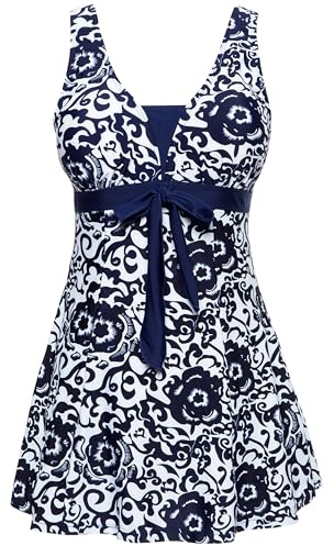 Wantdo Costume da Bagno Intero da Donna Curvy Taglie Forti Pascondi Pancia Costumi con Stampa Floreale Sottile Gonna Blu Scuro 52-54