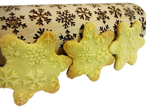 SCHNEEFLOCKE Nudelholz mit Muster Weihnachten Backen - Teigroller Holz für DIY Weihnachten Plätzchen und Keramik - Graviert Plätzchenrolle mit Motiv - 3D Plätzchen Roller von Algis Crafts