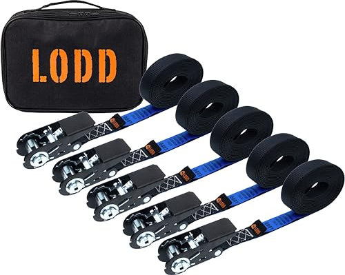 LODD - Set von 5 hochwertigen 6m x 25mm Spanngurt mit Ratsche, Ratschenzurrgurten, mit Tragetasche. Beständigkeit 800kg. Entspricht der EN 12195-2. Ideale Befestigung für Wohnwagen, Anhänger
