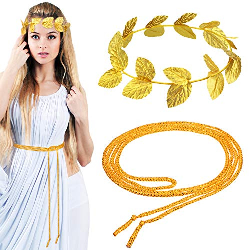 2 Stück Halloween Toga Stirnbänder Römischer Kranz Griechischer Krone Kopfschmuck mit 2 Halloween Römisch Seil Gürtel Kostüm für Damen Herren Party Dekoration