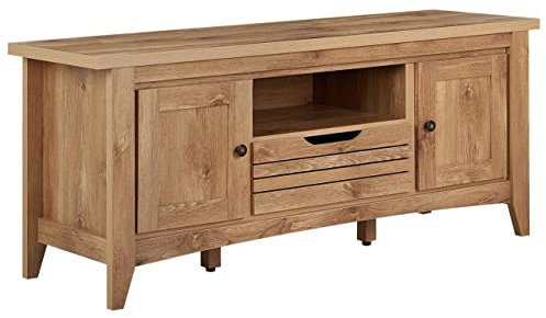 Meuble TV au Style Rétro Traditionnel en Couleur Bois Authentique composé d'un Tiroirs et de 2 Portes ainsi qu'un Espace de Rangement Ouvert Beliani