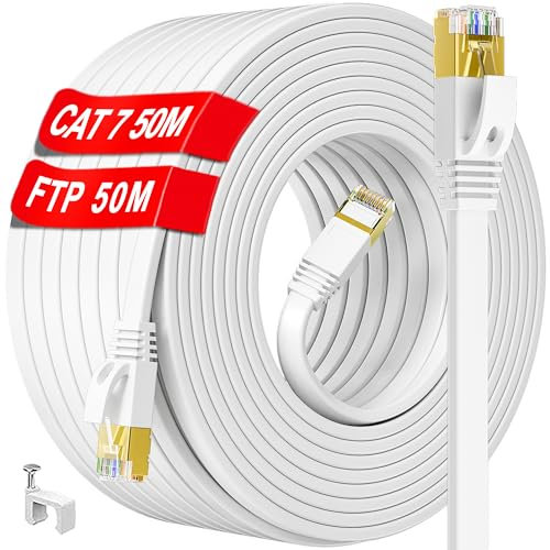 ikbc Cable Ethernet 50m, Cat 7 Cable RJ45 50m Câble Réseau Blindé, Plat Câble Internet Haut Débit 10Gbps 600MHz S/FTP, Long Blanc LAN Extérieur Intérieur Imperméable Pour Routeur Modem PC (50 Clips)