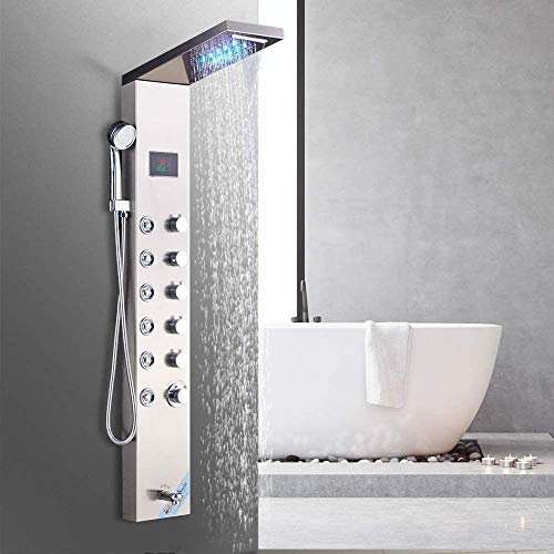 304 Edelstahl Duschpaneel Duschsystem mit Regendusche Wasserfall Duschkopf Handbrause Badewannenarmatur 3xMassagedüsen 5 Funktion für Badezimmer
