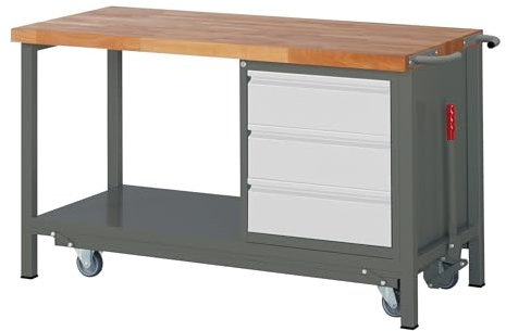 STIER Werkbank Premium mit abs. Fahrgestell und 3 Schubladen BxTxH 1500x700x880 mm