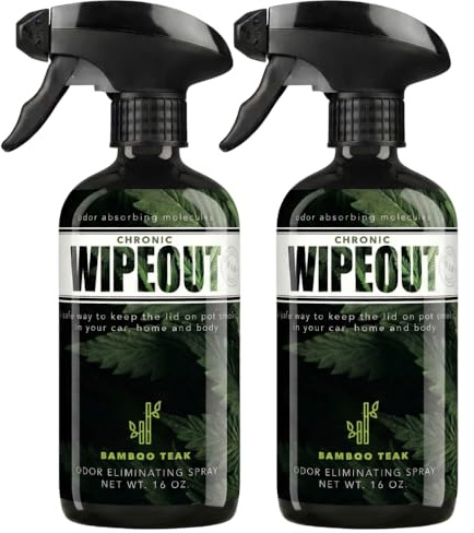 Chronic Wipeout Smoke Odor Eliminator Spray, Bamboo Teak, 2 Pack, 16 oz | Deodorizer for strong smoke smells in homes, apartments, cars, offices, clothes, curtains, upholstery, hands and hair