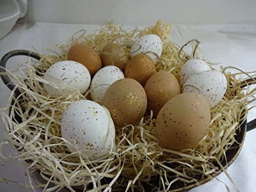 12 Ostereier echte Hühnereier Osterschmuck Oster Ei in weiß/braun bemalt in Gold und Braun gesprenkelt Ostern