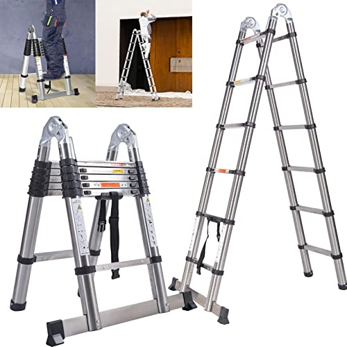 Multi-purpose Folding Ladder - 12.5ft/3.8m, 12 Steps, Foldable Loft Climbing Ladder for Home Stairs & Window Cleaning, A-Frame 1.9m+1.9m, Stainless Steel
