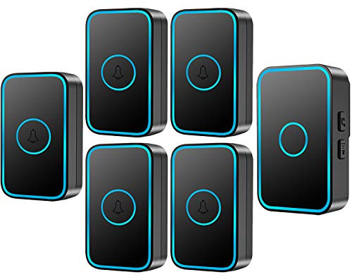 Wireless Doorbell IP55 Waterproof,Door Chime Kit with 4 Plug-in Receivers & 2 Transmitter,LED Flashes/Anti-Interference, 60 Chimes,5 Volume Levels,984 FT(300M) Working Range,Black (1 Receiver & 5 Tr