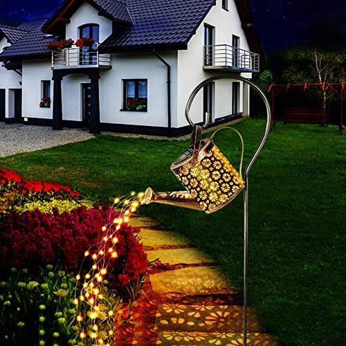 Watering Can Solar Garden Lights, Ledeak Solar Powered Star Shower Waterproof Waterfall String Lights, Outdoor Retro Metal Hanging Fairy Light Decor for Walkway Yard Pathway Patio (with Bracket)