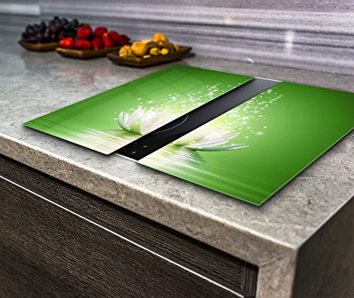 Hob Cover Induction Electric Cooker Chopping Board Glass, Lotus on the Green Background, 2 Parts (2x wide 30 x height 52 /cm)