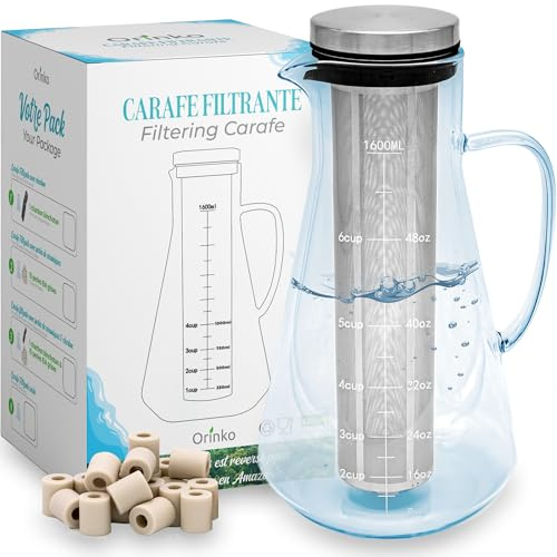 ORINKO Kit de Purification d'Eau : Perles de Céramique et Carafe Filtrante en Verre, 15 Perles de Céramique avec Carafe 1,6 L, Purification de l'Eau en Carafe