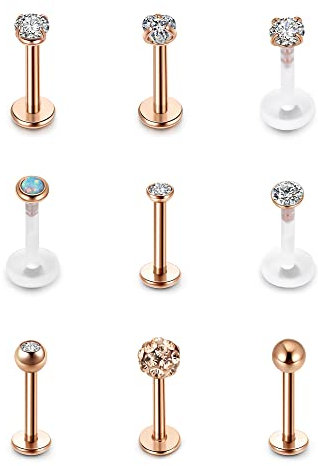 AllerPierce 9 Stück 16G Lippenpiercing Helix Tragus Piercing Chirurgenstahl Acryl Bioflex Retainer Stud Monore Labret Piercing Ohr Stecker Rosegold
