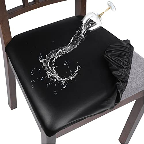 SearchI Waterproof PU Leather Seat Covers for Dining Chairs, 4 Pack Stretch Dining Room Chair Seat Covers, Kitchen Chair Seat Covers Protectors (Black)