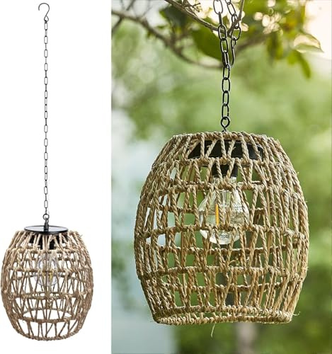 Larekook Hanging Solar Lanterns Outdoor Waterproof, Natural Seeweed Rattan Lantern Bamboo Woven Hanging Pendent Light with Edison Bulb,Solar Chandelier Outdoor Light for Gazebo Garden Porch Patio