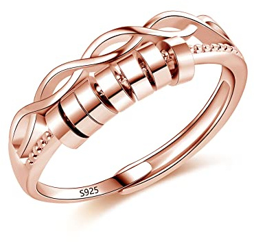 Cangall Anillo de plata de ley 925 para la ansiedad, anillo ajustable abierto con cuentas giratorias para aliviar el estrés y la depresión, anillo unisex antiansiedad, Oro rosa Plata