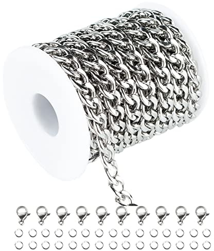 UMAOKANG 16.4 Feet Stainless Steel 10MM Cuban Chains for Men Hip Hop Jewelry Making Heavy Silver Chain Chunky Curb Cuban Link Necklace Bracelet Chain with Open Jump Rings Lobster Clasps