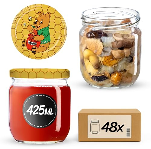 KADAX Lot de 48 pots à confiture avec couvercle à visser, 425 ml, pour confitures, conserves, miel (Winnie l'ourson)