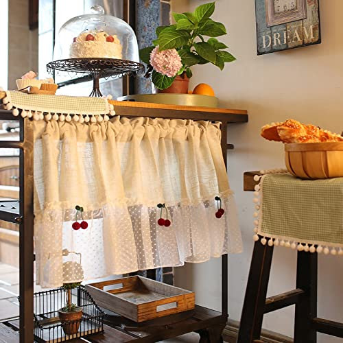 A.Monamour Gardine Scheibengardinen Undurchsichtiges Beiges Baumwolle Leinen Mit Weißer Spitze Rote Kirsche Kurzvorhang Kurzgardinen Küchengardine Küche Vorhang Fenster Kurz Stores Bistrogardine