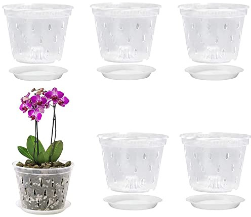 Sharharge Macetas de plástico de 14 cm, paquete de 5 macetas transparentes para orquídeas con agujeros de drenaje y platillos, contenedor transparente para interiores (5 unidades)