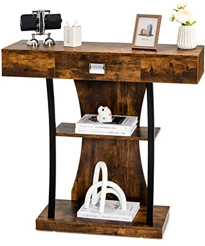 COSTWAY Console Table, Wooden T-Shaped Narrow Behind Sofa Table Hall Desk with Drawer and Storage Shelves, Industrial Accent Couch Side Table for Hallway Entryway Living Room (1 Drawer, Rustic Brown)