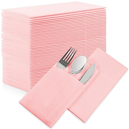 Pink Dinner Napkins Disposable - 50Pack Linen-Feel Paper Napkins with Built-in Flatware Pocket, Prefolded Cloth Like Paper Napkins Bulk For Dinner, Wedding, Party or Everyday Use(Pink)