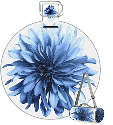 TropicalLife Blumen Dahlien Runde Picknickdecke Blau Blumen Wasserdicht Faltbar Indoor Outdoor Matte Teppiche für Strand Camping Park Familientreffen Aktivitäten