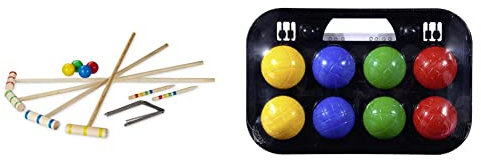 Relaxdays Krocket Spiel, 4 Spieler Kinder Erwachsene Komplettset mit Tasche Croquet Set Holz S, Natur, EU & Simba 107401391 - Boccia Spiel Tragekorb, 8 Kugeln 7x8cm, 2 Zielkugeln