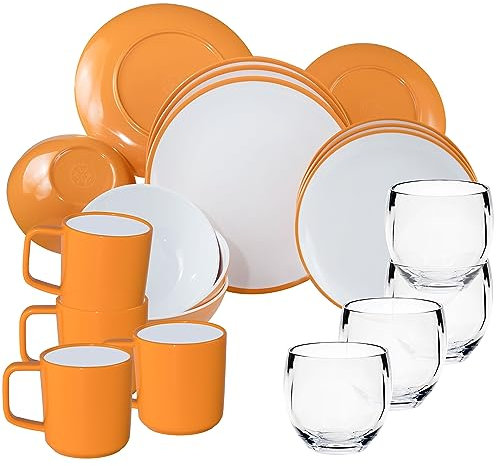 Melamin Geschirr und Acryl Glas Set für 4 Personen - 20 Teile - Campinggeschirr - gelb weiß - mit Trinkglas 400 ml klar und 90°C-Tassen aus ABS-Kunststoff Gläsern - Essgeschirr