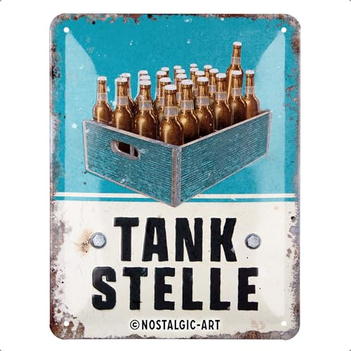 Nostalgic-Art Retro Blechschild, 15 x 20 cm, Tankstelle Bier – Geschenk-Idee als Bar-Zubehör, aus Metall, Vintage Design mit Spruch, Blechschilder Sprüche, Bier-Deko | aus Metall, Vintage Design, Blechschilder Sprüche, Bier-Deko, Geschenk-Idee für den Biergarten