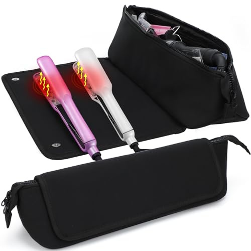Travel Essentials Neoprene Hair Tools Bag w/Heat Resistant Mat for Flat or Curling Irons, Straighteners Haircare Accessories, Airport Essentials, Gifts for Women Friends Sister for Birthday Black