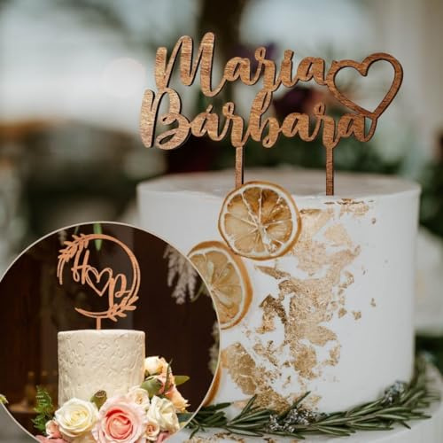 Topper Tarta Personalizado con Nombres – Color Madera o Dorado/Plateado/Oro Rosa – Ideal para Bodas, Cumpleaños, Comuniones, Eventos – Varios Tamaños