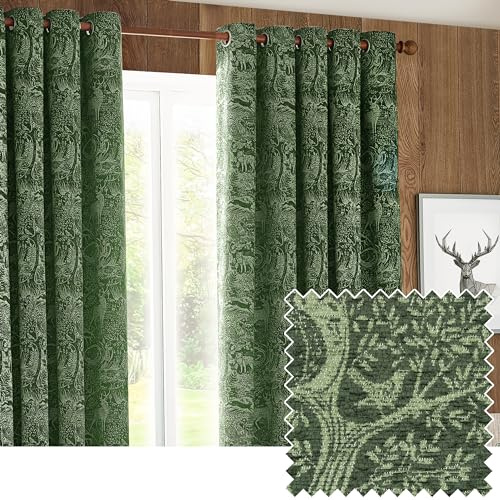 furn. Winter Woods Chenille Room Darkening Eyelet Curtains – Woodland Animals Pattern (Emerald - Width x Drop: 168 x 183cm / 66 x 72, 2 Panels)