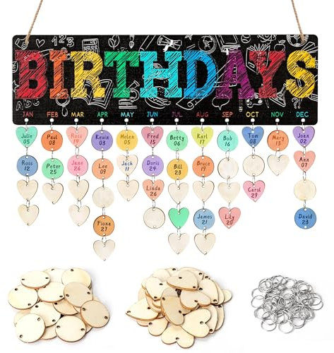 Lesnala Bunter Geburtstagskalender, Wandbehang, Regenbogen-Erinnerungstafel, Holz, DIY-Tracker mit 100 herzförmigen Anhängern für Büro, Klassenzimmer, Schule, Kindergarten, Dekoration