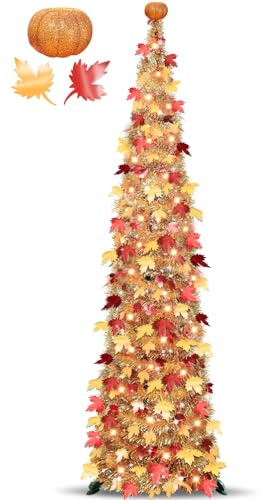 Timer & Pumpkin - 5 Ft Lighted Fall Tree Thanksgiving Fall Decorations for home, Pop Up Tinsel Maple Tree with 50 LED Orange Warm Lights Battery Operated Collapsible Thanksgiving Tree Porch Home Party