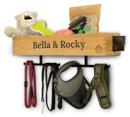 VELONT Hundegarderobe mit Ablage Personalisiert - Größe XL - Perfekter Leinenparkplatz - Bambus - Dogstation für Leinen & Zubehör - Inkl. Kotbeutelspender und Montagekit - Deutsche Marke -Startup