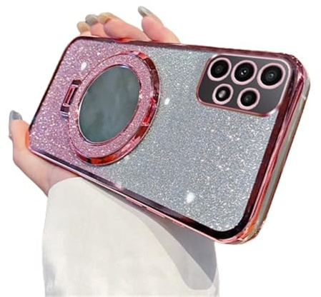 QIWEIQING Glitter Case for Samsung Galaxy A33 5G, Electroplate Flash Shell for Girls Women Ring Stand Function Camera Protector Shockproof TPU Cover for Samsung Galaxy A33 5G. Pink DSZ