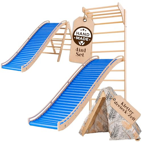 WoodsCraft 4in1 Wellenrutsche mit Kletterdreieck, Sprossenwand für Kinderzimmer & Kinderzelt Indoor | Rutsche Outdoor & Indoor | Kinderrutsche-Rollenrutsche | Kinder & Baby Rutsche für den Garten
