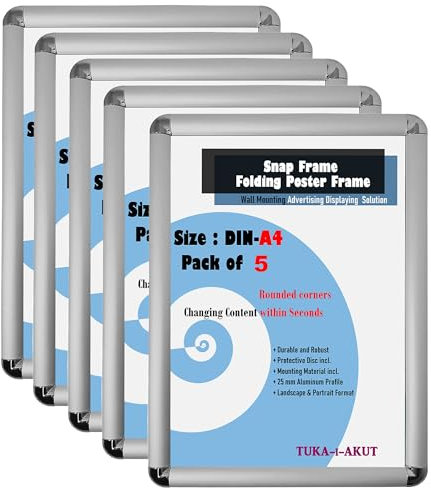 TUKA-i-AKUT 5x A4 Cadre à Clipser en Aluminium Coins Arrondis, Profilé Aluminium 25 mm Cadre pour Affiche Photo Poster, Cadre d'Affichage avec Matériel de Fixation, Argent Couleur TKD8421-A4-5X