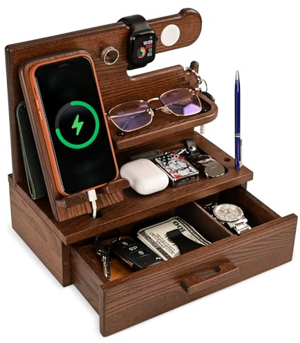TESLYAR Docking station per telefono in legno con cassetto, organizer per comodino, organizer da scrivania per marito, regalo di compleanno per uomini, papà, idea per anniversario, portachiavi
