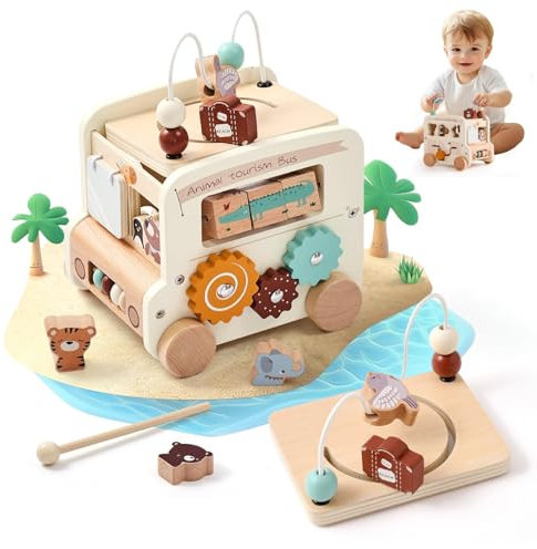 Lueirltoy Motorikwürfel Holzspielzeug Motorikschleife, 9 in 1 Hölzerne Aktivität Würfel für Ab 1 Jahr Spielzeug Bus Holz Aktivitätswürfel Cube Baby Holzspielzeug kinderspielzeug