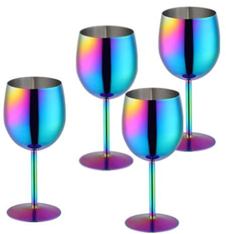 TEAHAHA Stainless Steel Wine Glasses Set of 4,350ml Fancy Unique Unbreakable Goblet Glass Set White Red Wine Stemmed Cocktail Glasses Metal Drink Champagne Goblet Party Wedding (Rainbow Color)