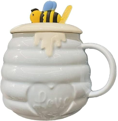 Huiyiwert Tasse à café mignonne 400 ml - Tasse à café en céramique avec couvercle et cuillère - Jolie tasse de bureau - Tasse à lait - Tasse à cacao - Cadeau pour femmes, filles, petite amie (bleu)