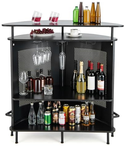 GIANTEX Mueble de Bar con Estantes y 3 Filas de Portavasos, Mesa de Bar Curva con Frente de Malla y Reposapiés de Metal, 6 Patas Ajustables, 110,5x48x112,5cm, Aparador para Cocina, Comedor, Negro