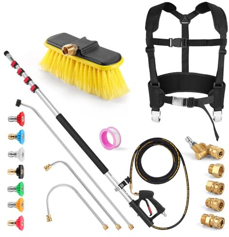 24FT Telescoping Pressure Washer Wand,roof Cleaning Equipment, Gutter Cleaning Tools with Washer Extension Pole Attachment, Metal Support Belt, Brush Head, 4 Adapters, 7 Spray Nozzles
