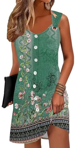 ABINGOO Damklänning Sommar Elegant Ärmlös Boho Kort Klänning V-ringning Tryck Tunika Casual Strandklänningar, Grön, XL