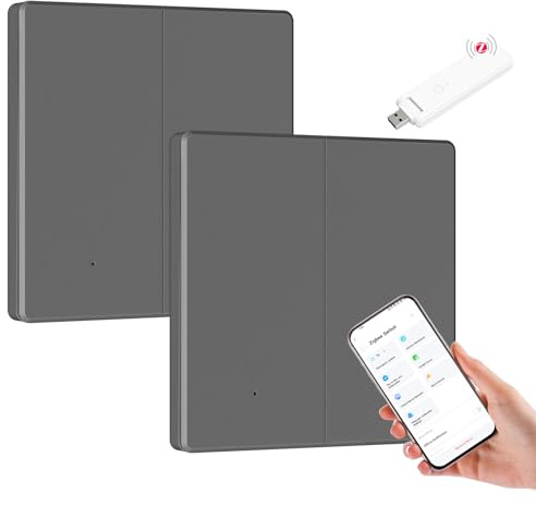 BSEED Interruptor de Luz Inteligente,Interruptor Pared de Luz Zigbee de 1 Gang 1 Vía Compatible con Amazon Alexa/Google Home/Tuya/Smart Life,Gris(Requiere Cable Neutro&ZigBee Gateway)-2 Piezas